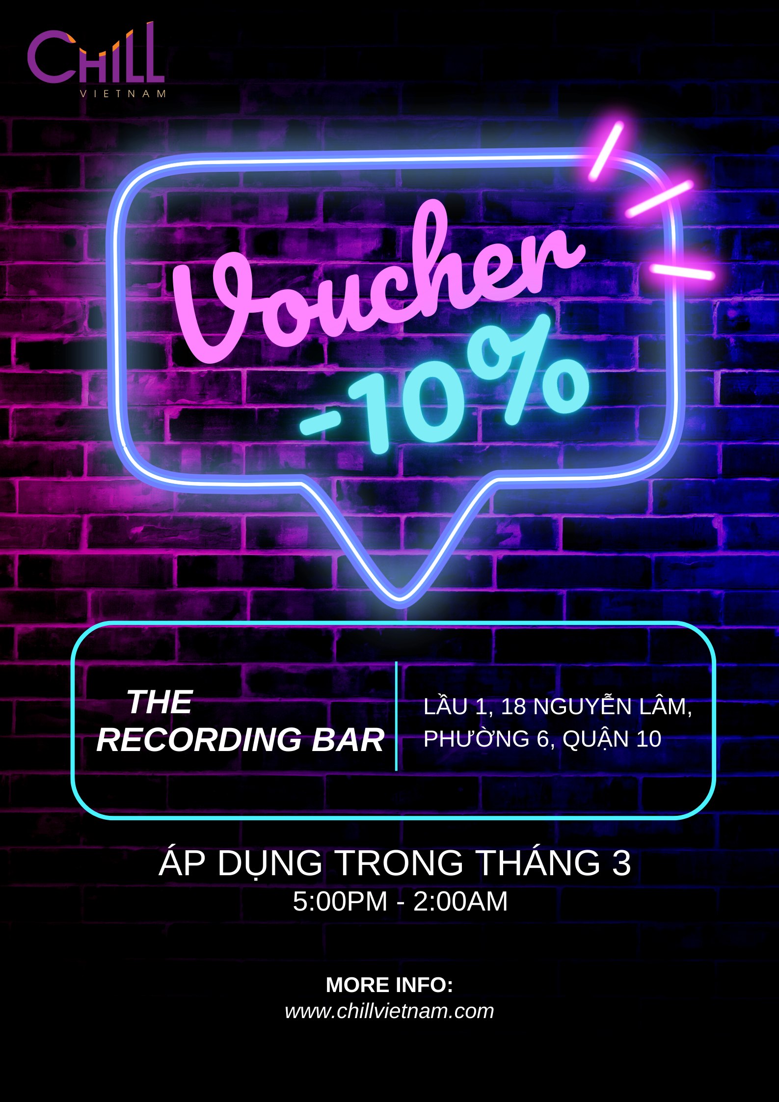Voucher 10% trong tháng 3 tại The Recording bar